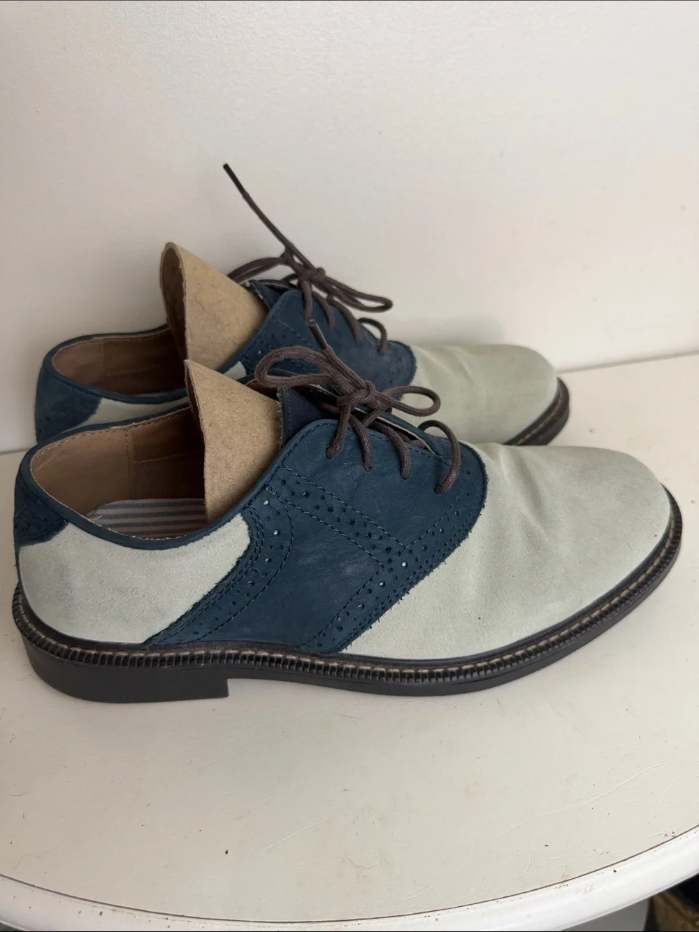 (2046) Men's Two-Tone Suede & Leather Oxford Shoes - Navy and Cream, Size: 8.5